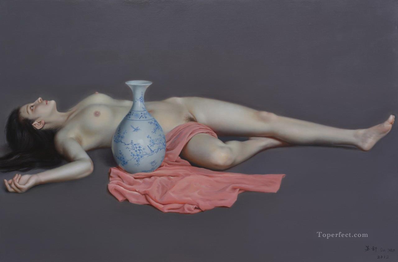blue and white beauty Chinese nude Oil Paintings
